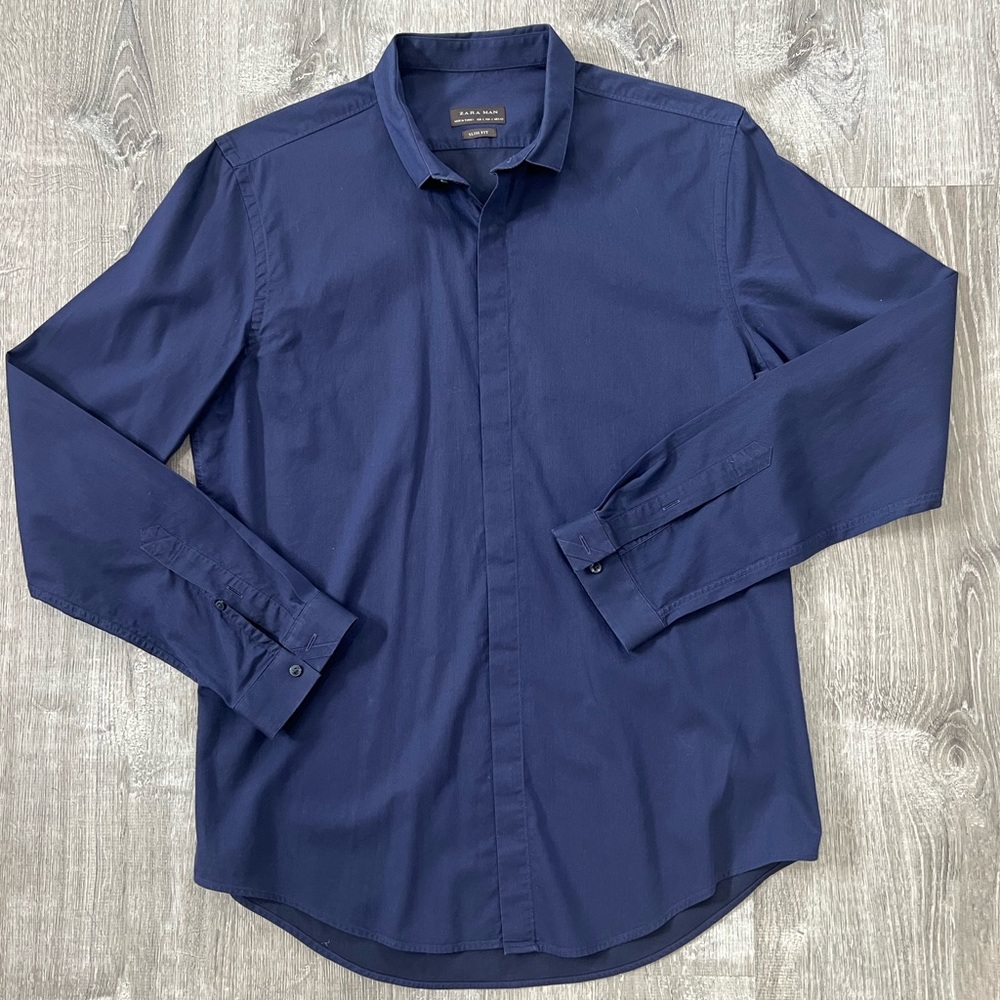 Zara Men, Blue button down dress shirt, size large